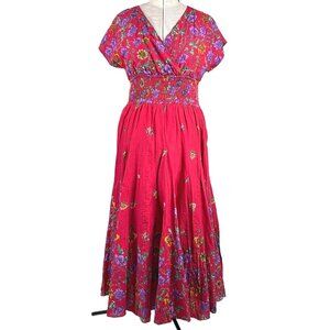 J.Peterman Red Floral Cotton V-Neck Short Sleeve Circle Skirt Midi Dress Size 10
